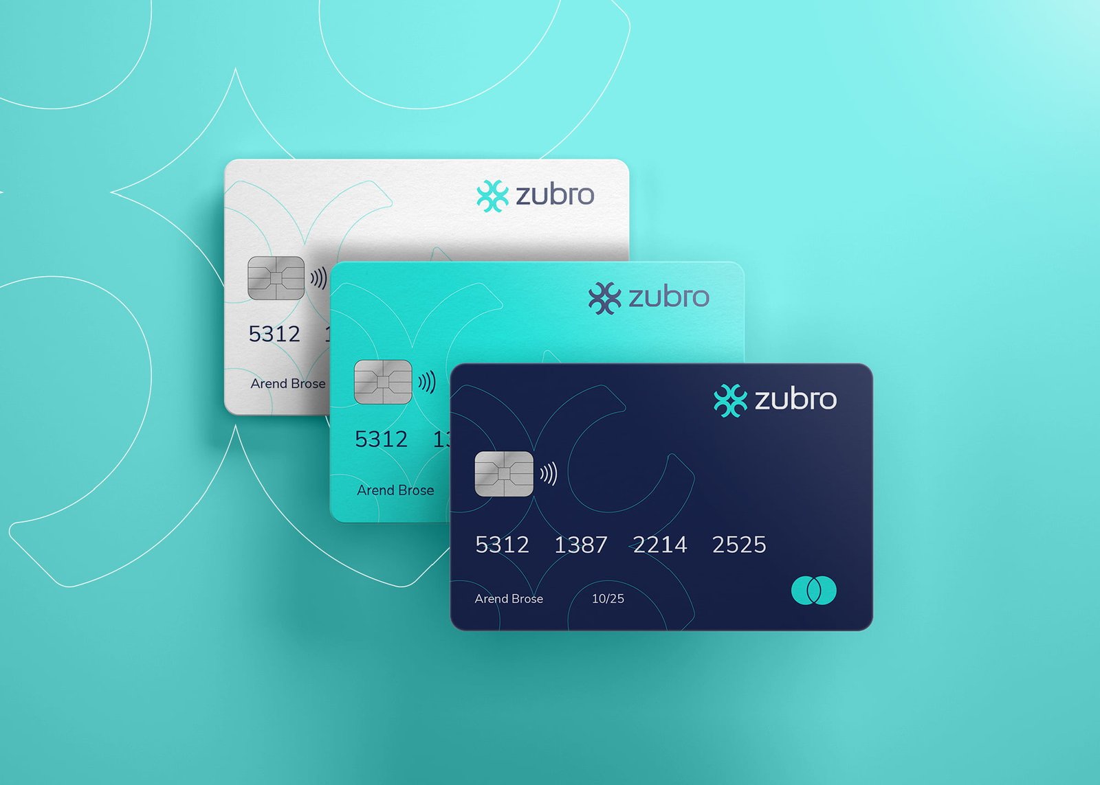 3 credit card designs, white, blue, and dark blue.