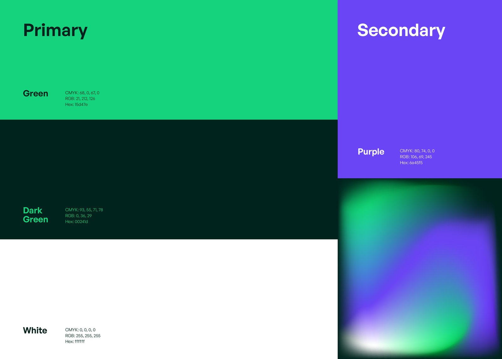 Brand color palette including green, dark green, white, purple, and a gradient
