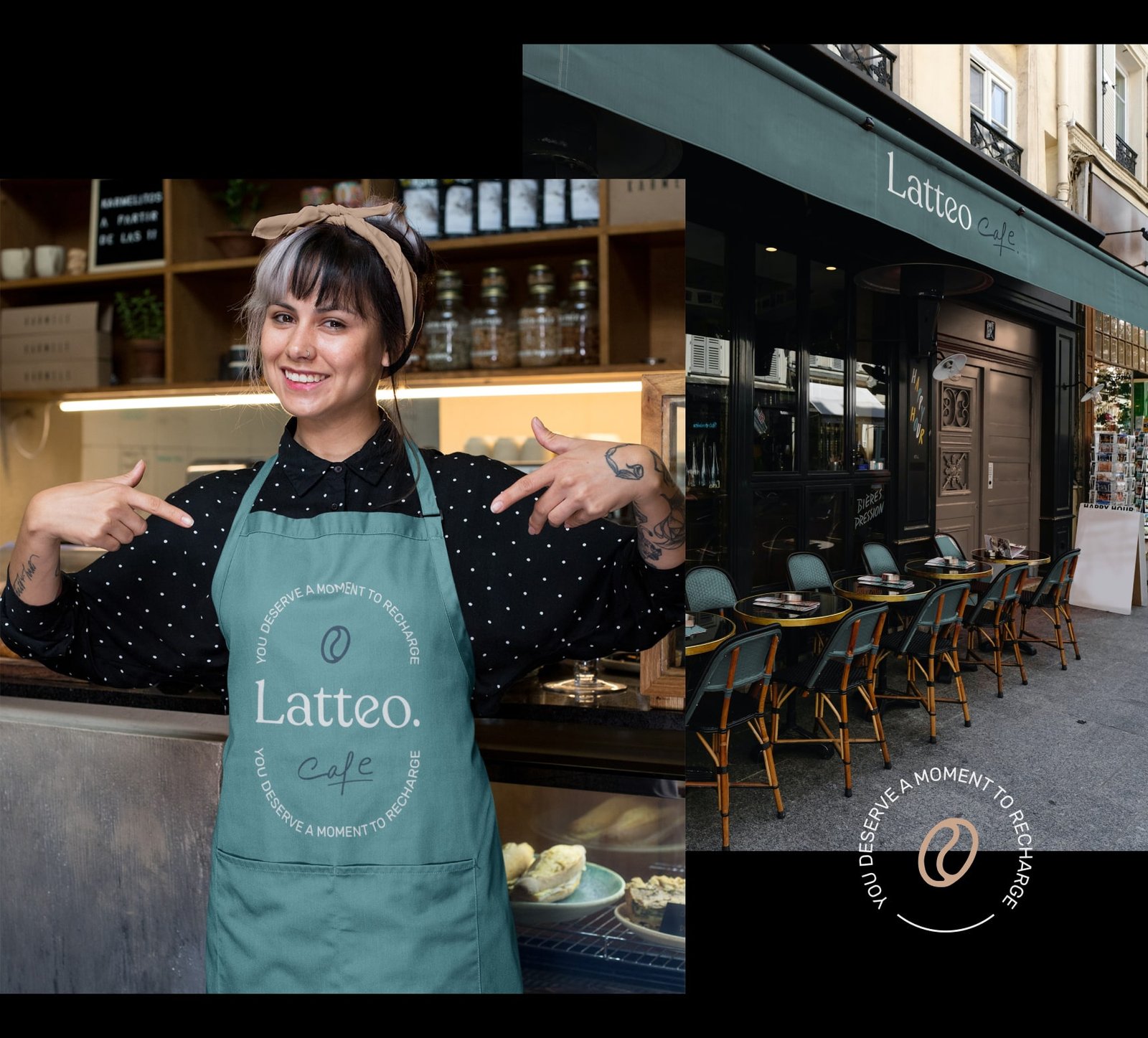 Coffee shop sign & barista uniform on a simly woman