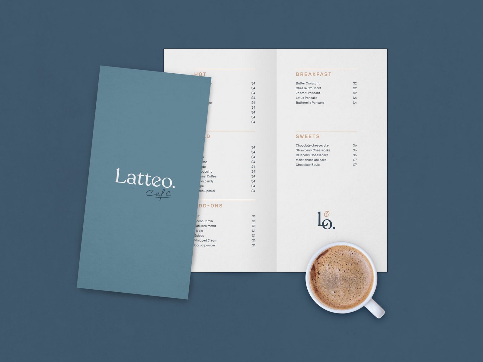 Menu design for a coffee shop with a coffee mug