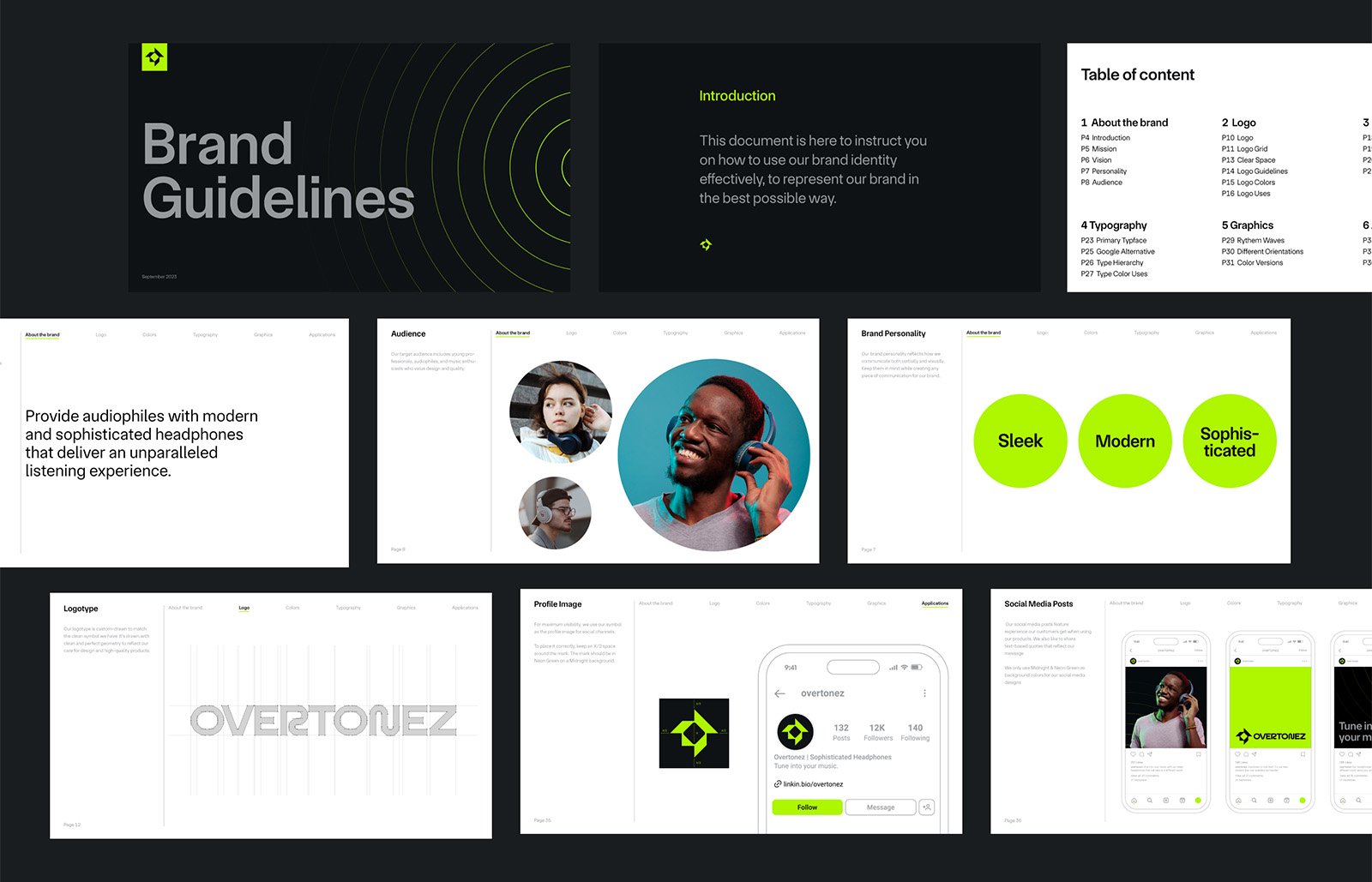 Overtonez Brand Guidelines Template Logo, target audience, and brand essence pages