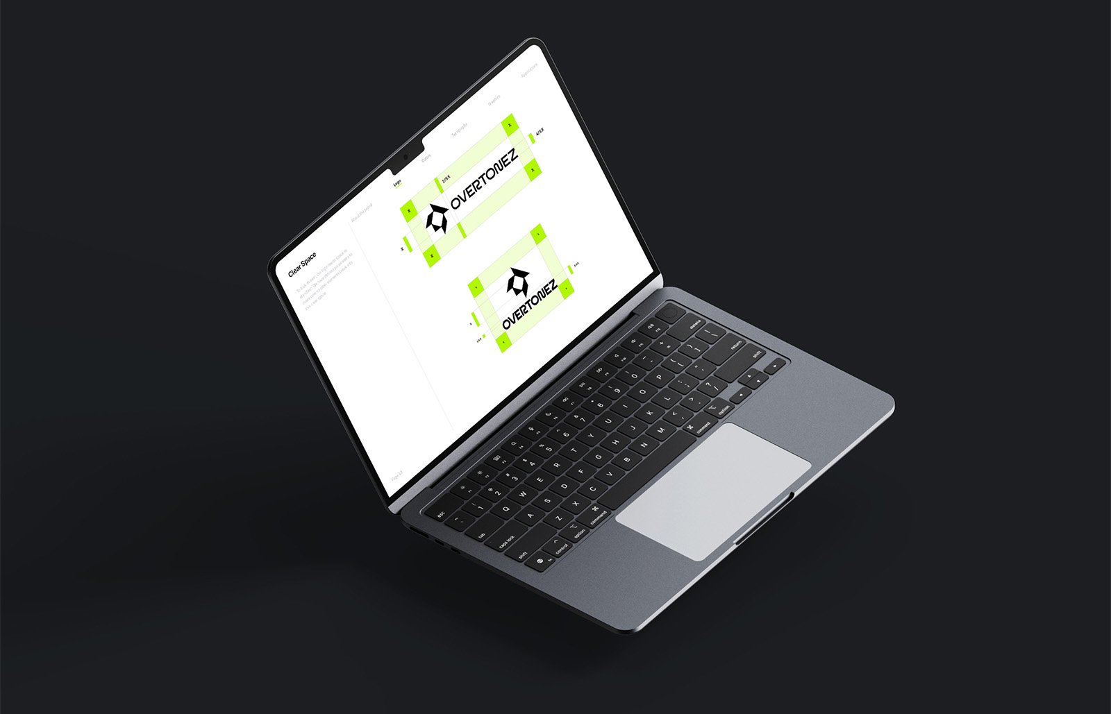 Overtonez Brand Guidelines Template Logo safe space page on a laptop screen