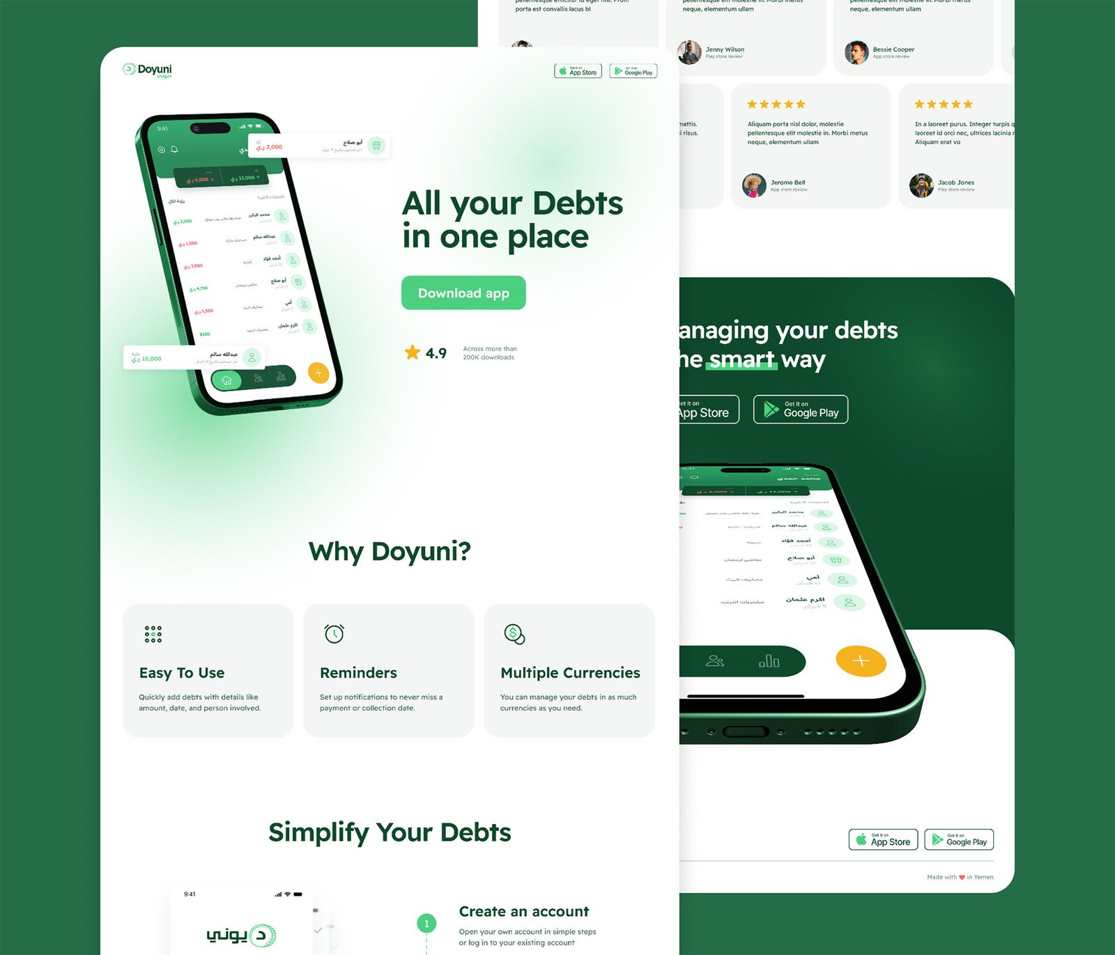 Modern and friendly landing page design for a debt managing app