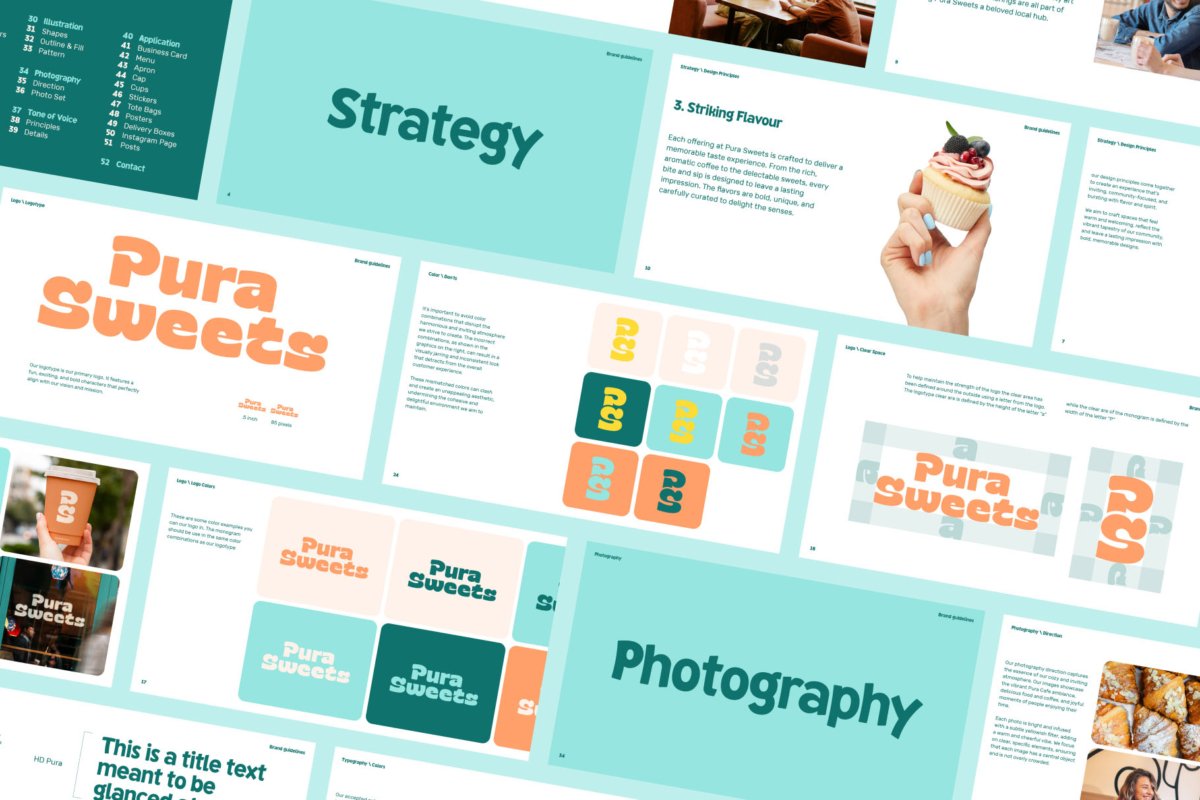 Pura Brand Guidelines Template page presented in an angle