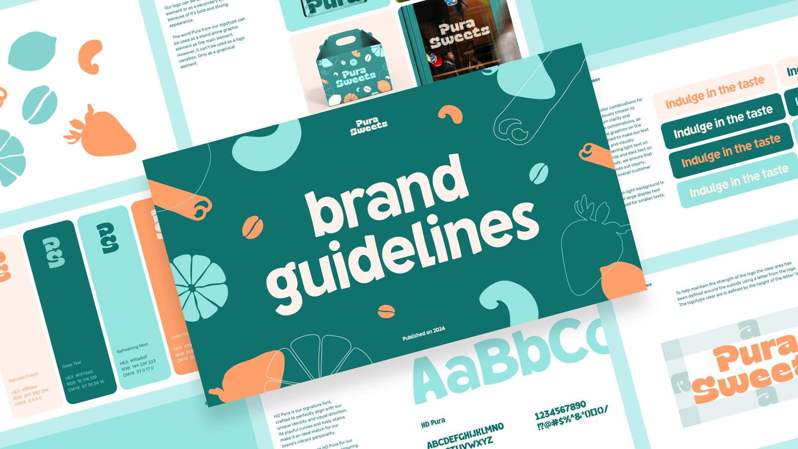 Pura Brand Guidelines page and cover page in the middle