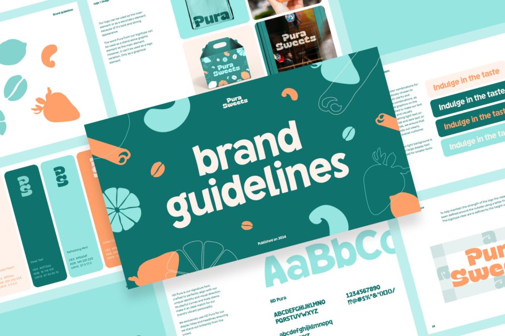 Pura Fun and Colorful Brand Guidelines Template cover, showcasing a playful design with included mockups and premium font, compatible with Adobe Illustrator and InDesign.