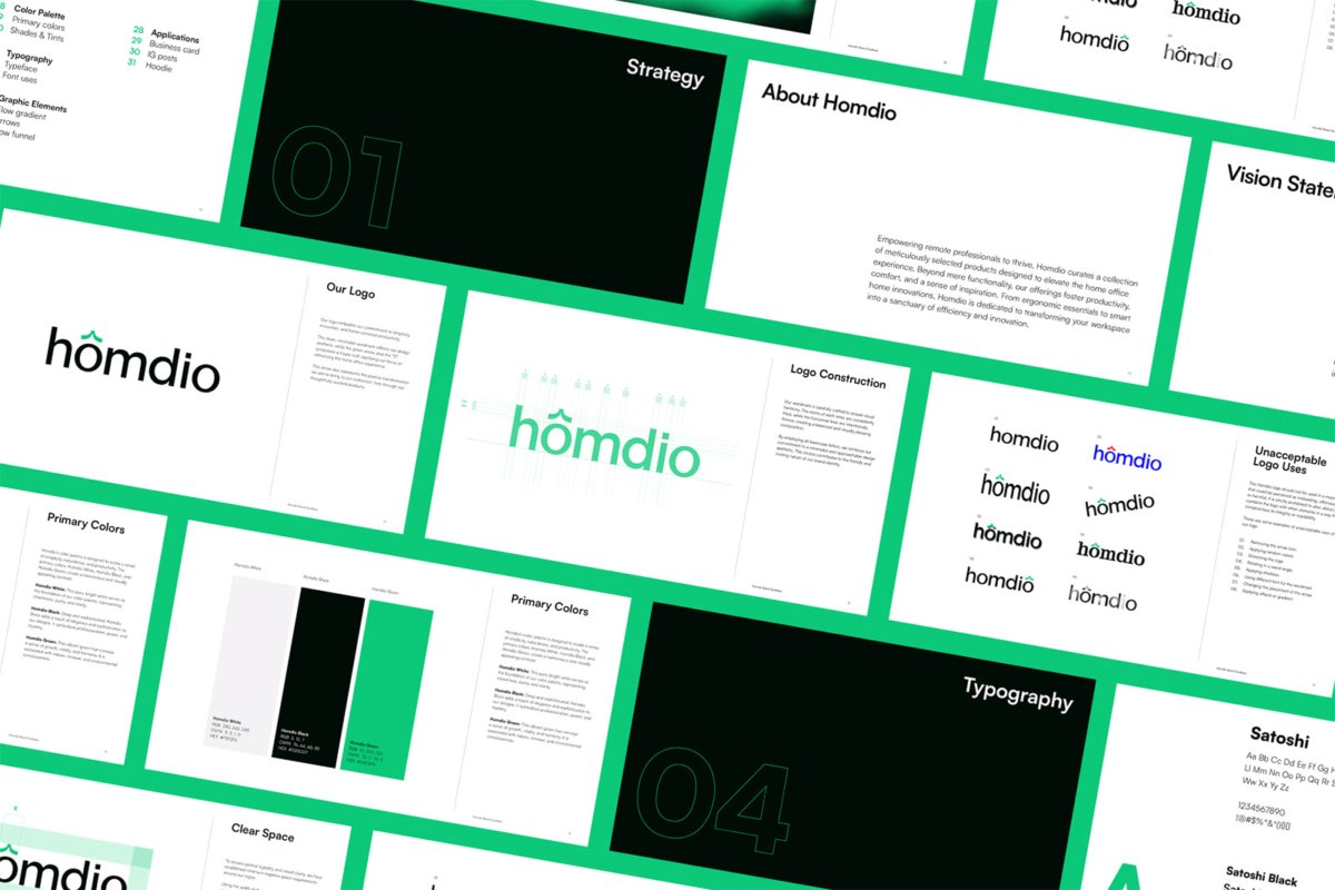 Brand guidelines pages on an angle