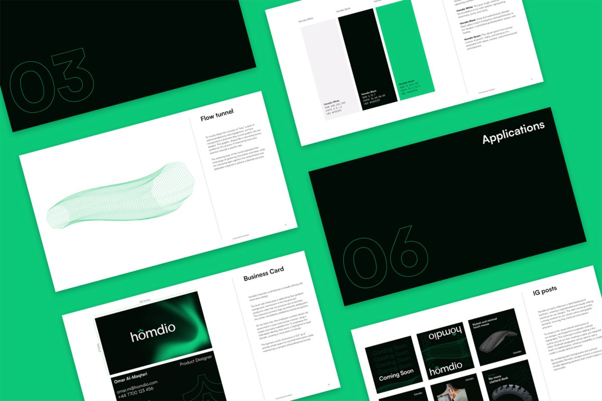 Brand guidelines pages on an angle