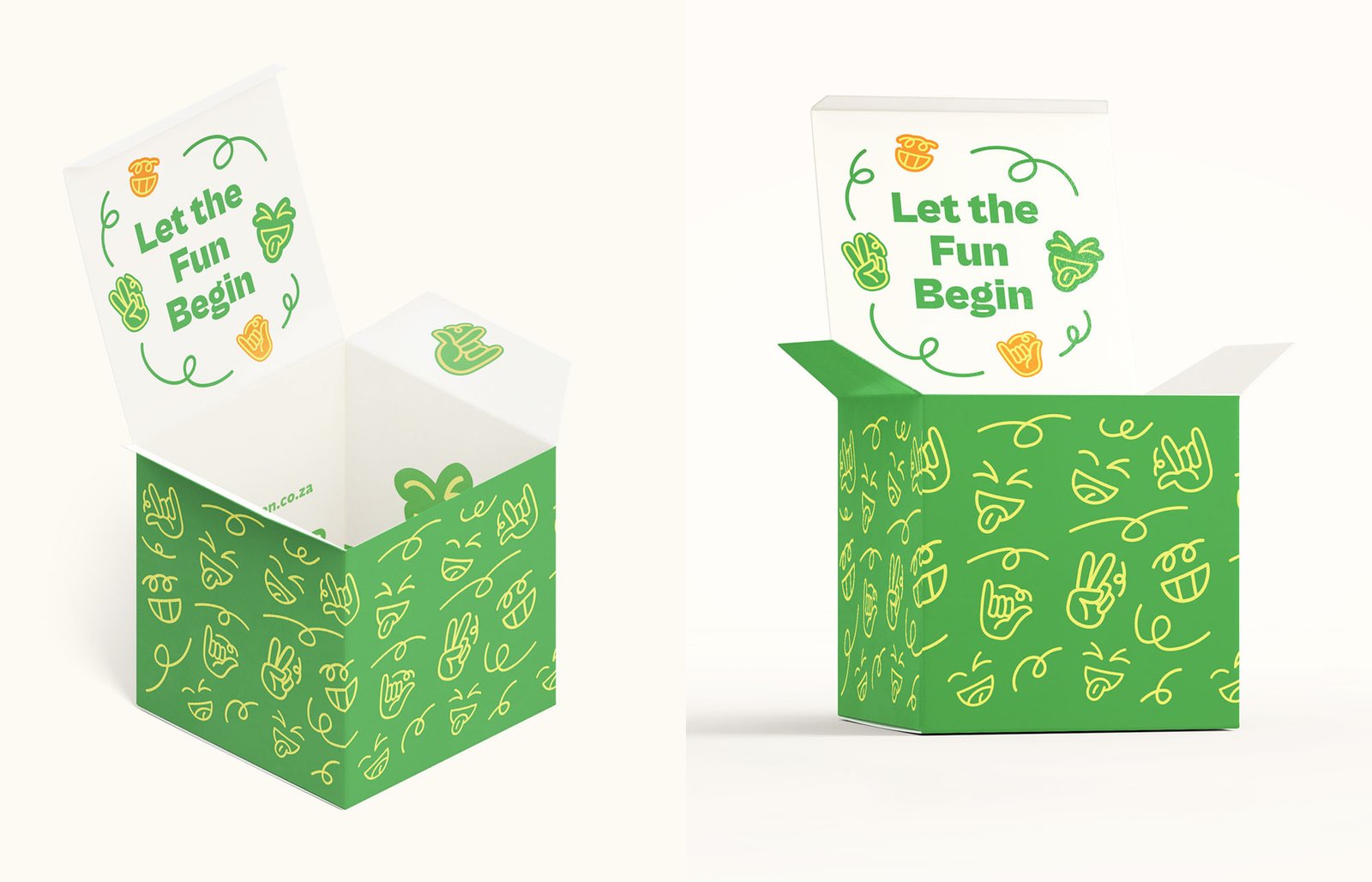 A fun and playful box design with a pattern line work illustration of faces and hands