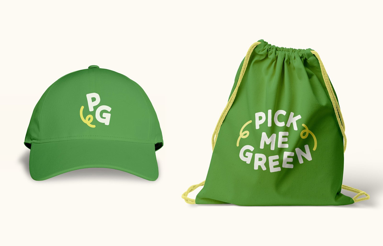 Green cap and small bag design that contains the logo centered