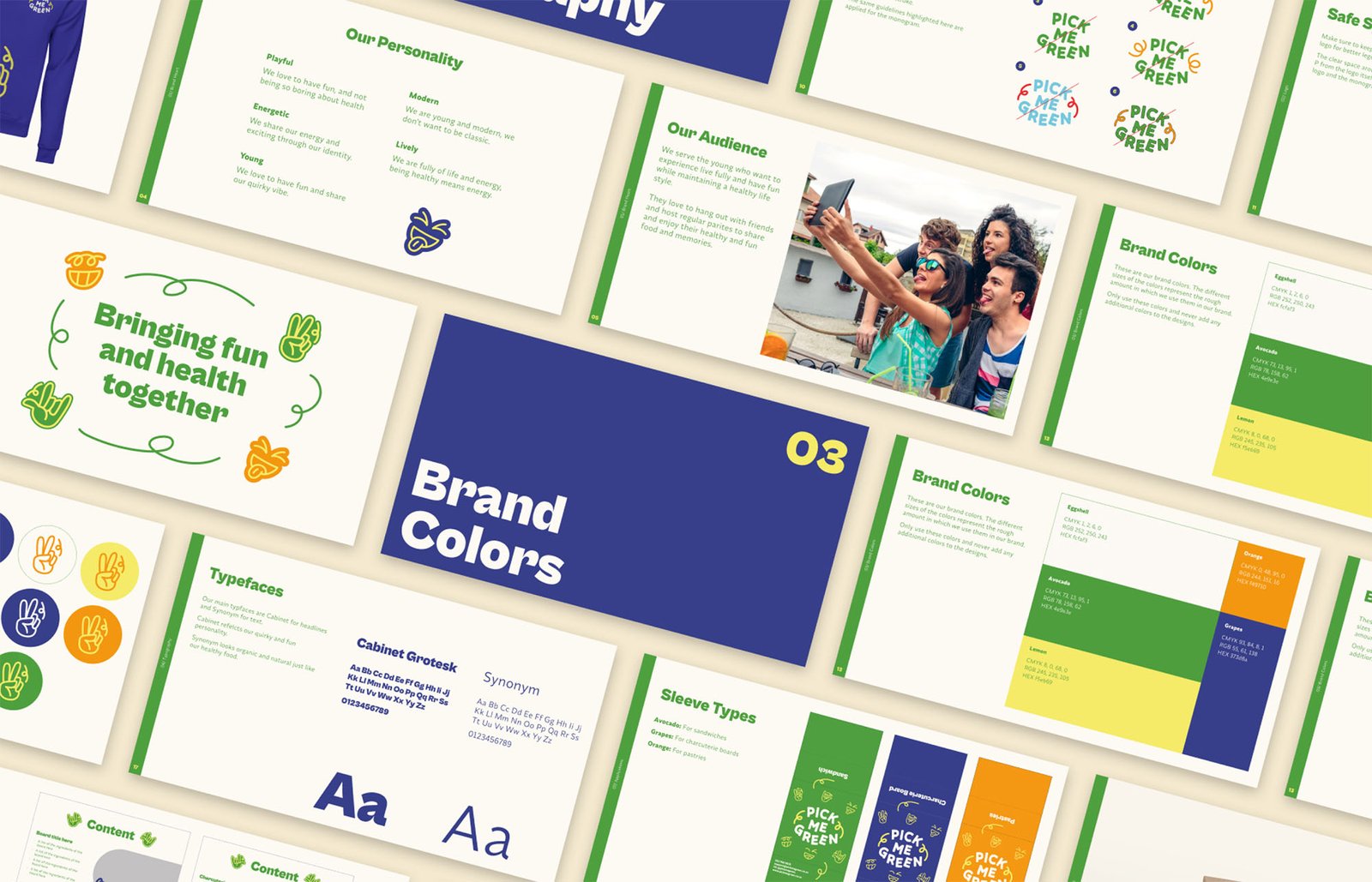 Brand guidelines pages of a healthy food brand that is fun and playful