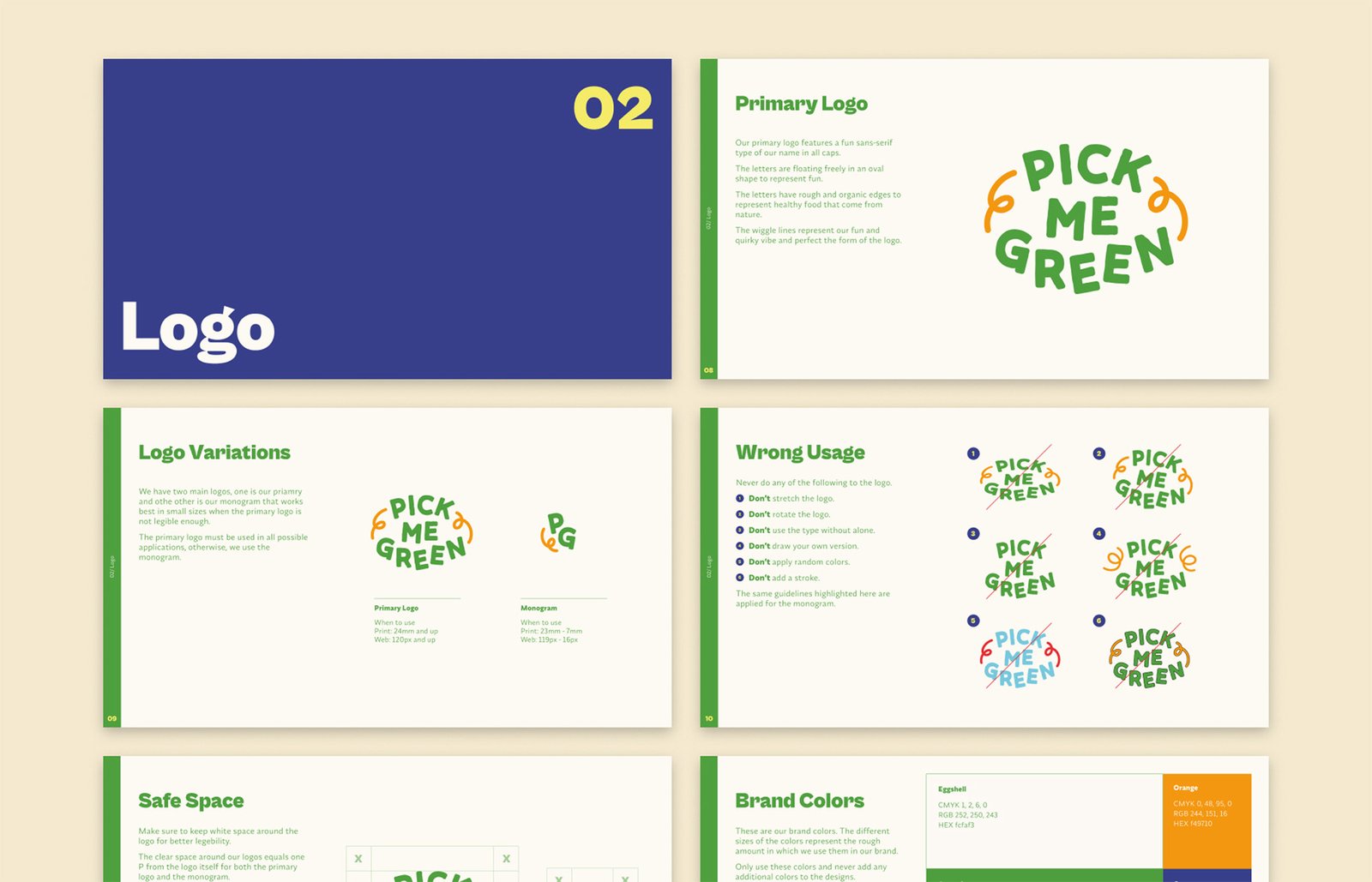 Brand guidelines pages of a healthy food brand that is fun and playful