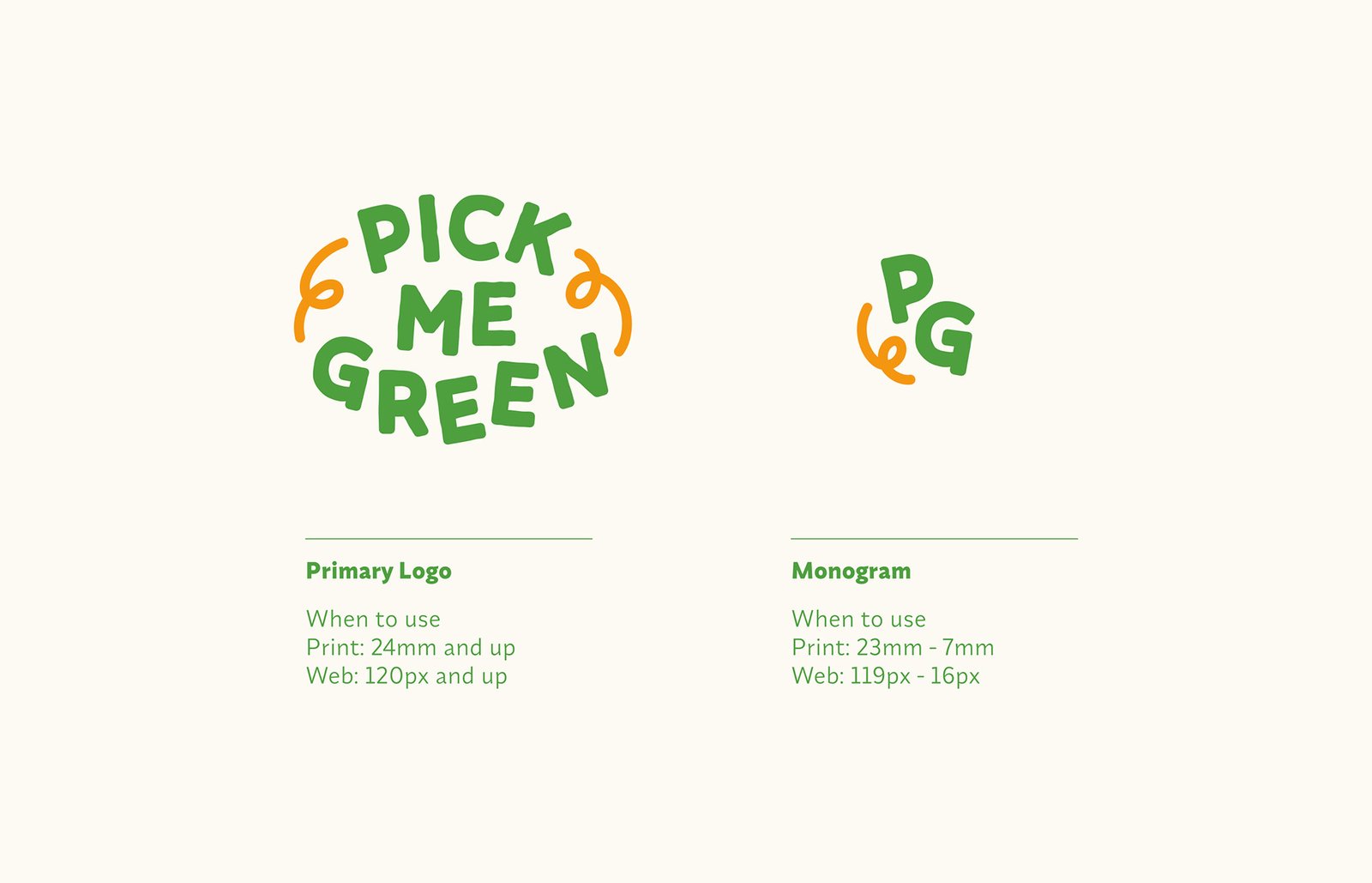 PickMeGreen parimary logotype and monogram with minimal sizes