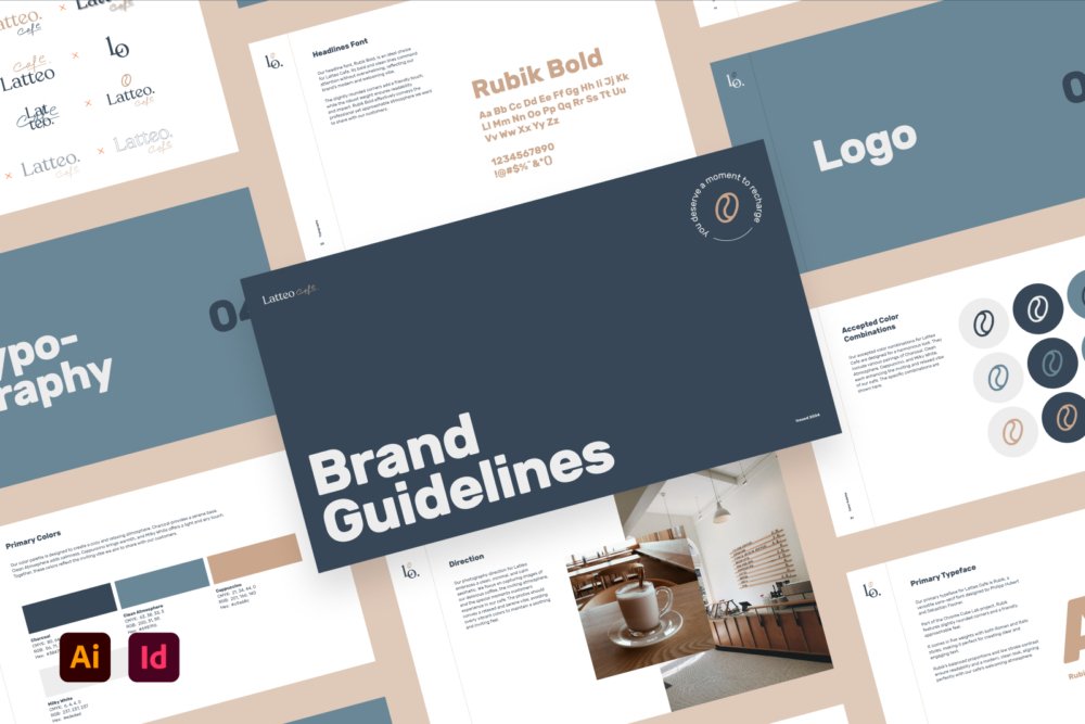 Latteo Minimalist Brand Guidelines Template cover with dark blue and subtle cream accents, showcasing a clean and elegant brand guide for designers.