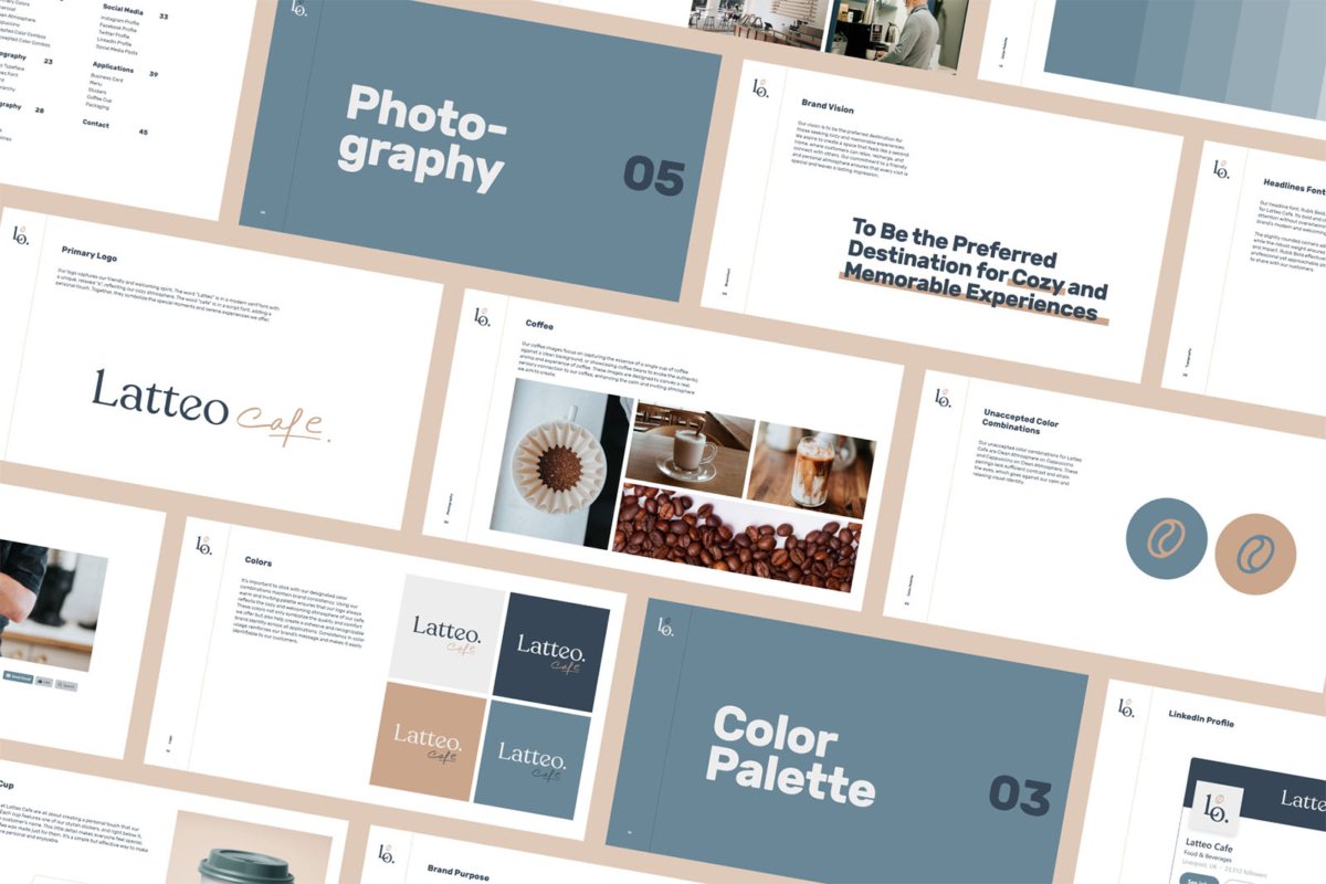 Latteo brand guidelines template slides presented on an angle