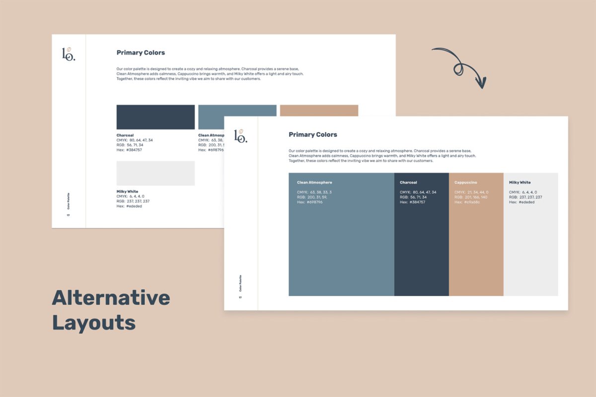 Latteo brand guidelines template alternative pages to present the brand colors