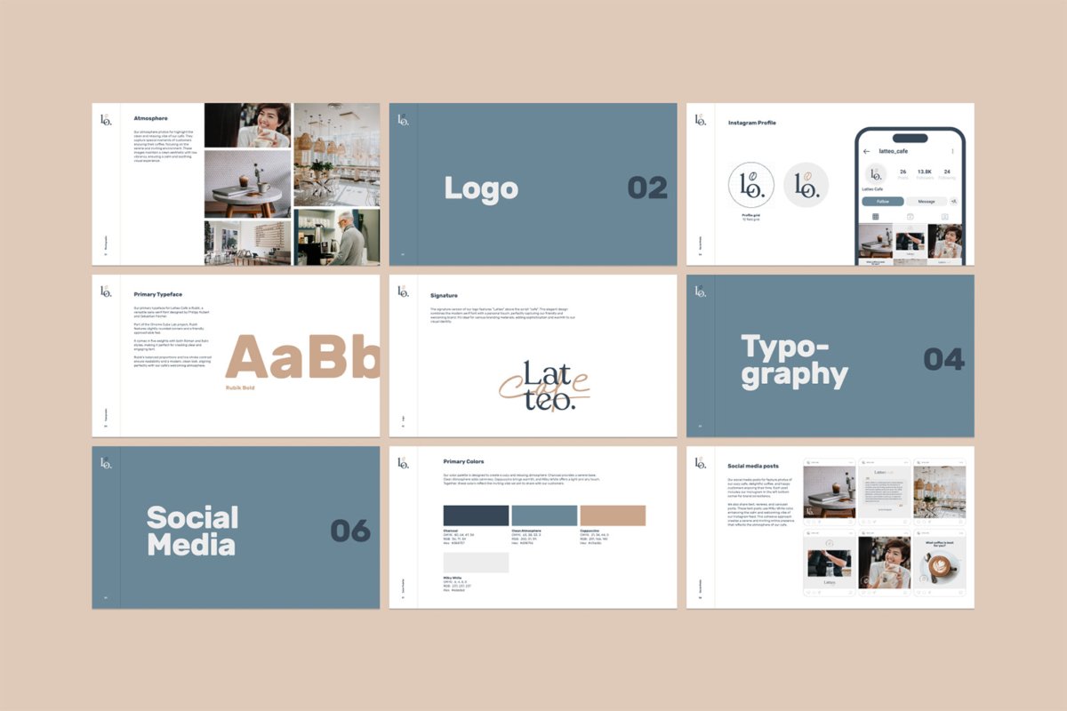 Latteo brand guidelines template pages for logo, font selection, colors, photography, and social media guidelines.