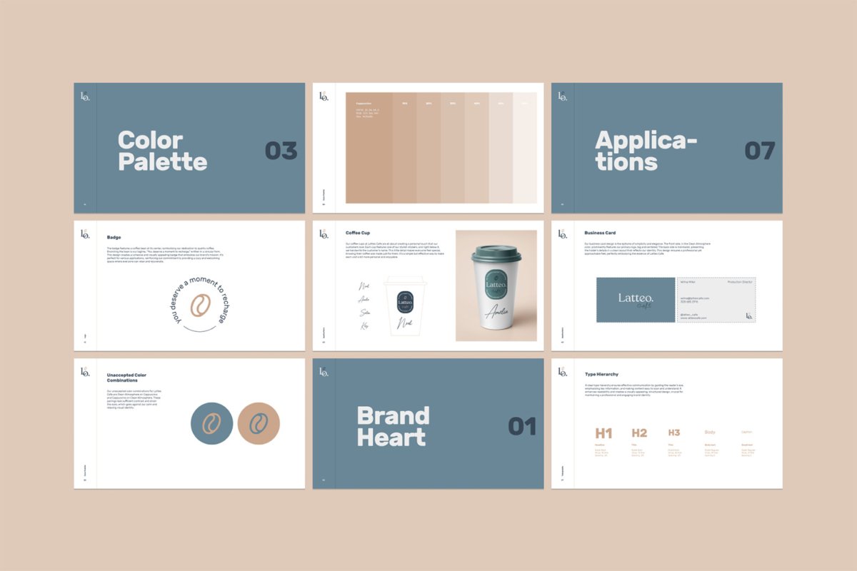 Latteo brand guidelines template pages for color palette, logo, applications, and type hierarchy