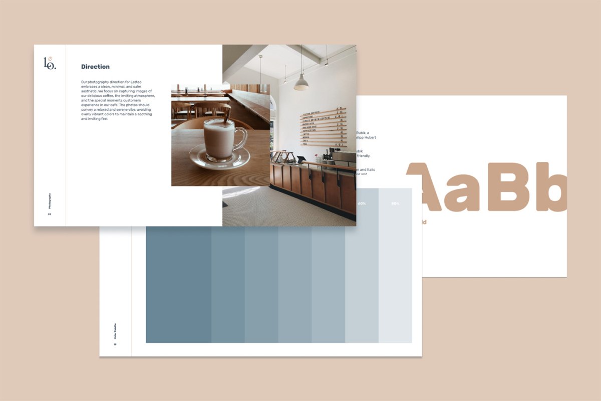 Latteo Brand Guidelines Template pages for colors, photography, and type selection