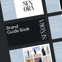 Senora Elegant Minimalist Brand Guidebook Template cover, ideal for luxury, clothing, and jewelry brands, compatible with Adobe Illustrator and InDesign.