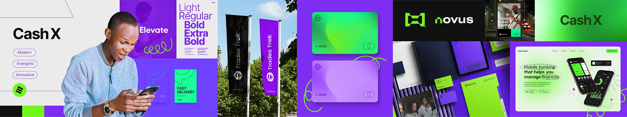 Cash X Stylescape showing an energetic visual direction with bright green, purple, bold typography, and expressive graphic elements.