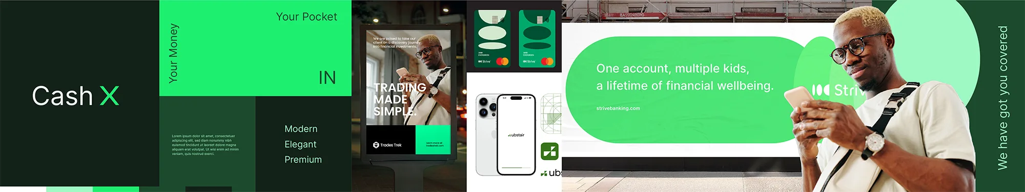 Revised Cash X Stylescape using green, black, more white space, and a more modern and refined visual direction.